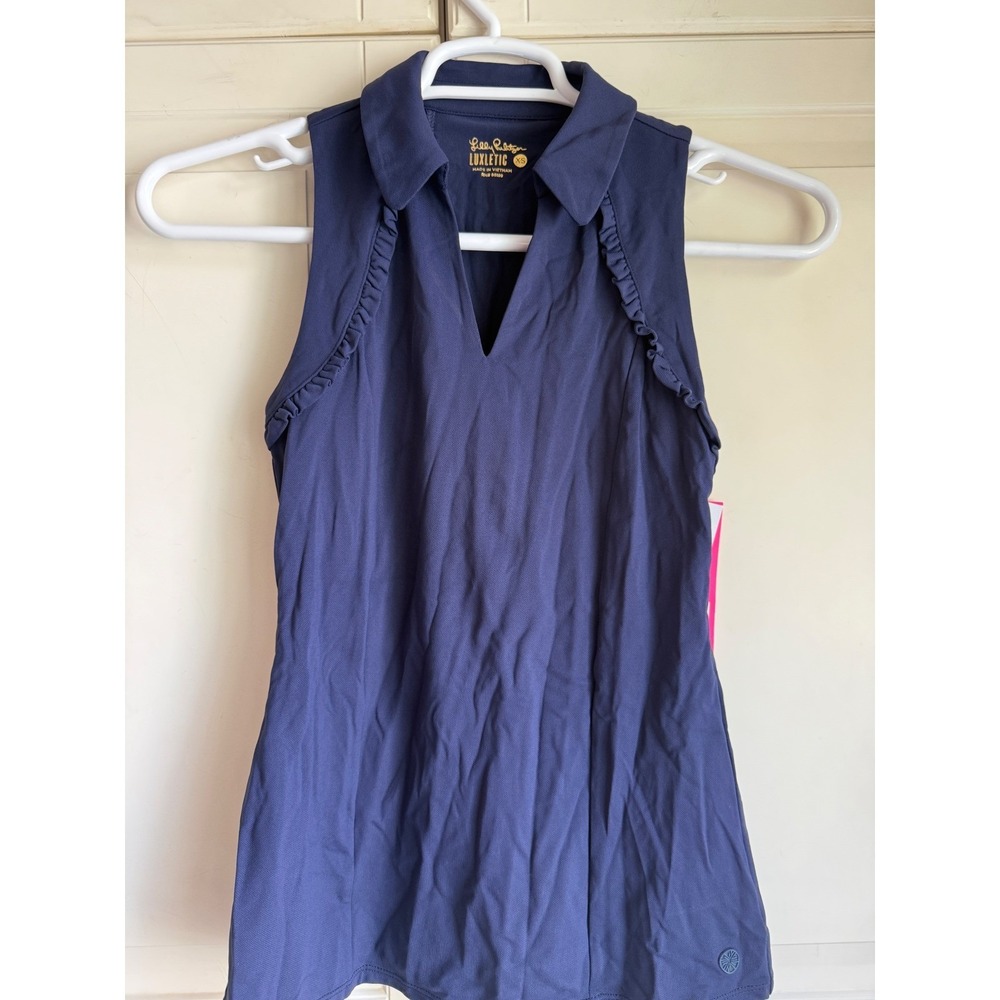 Lilly Pulitzer Luxletic Martina Polo Top True Navy Ruffle UPF 50+ XS 000993